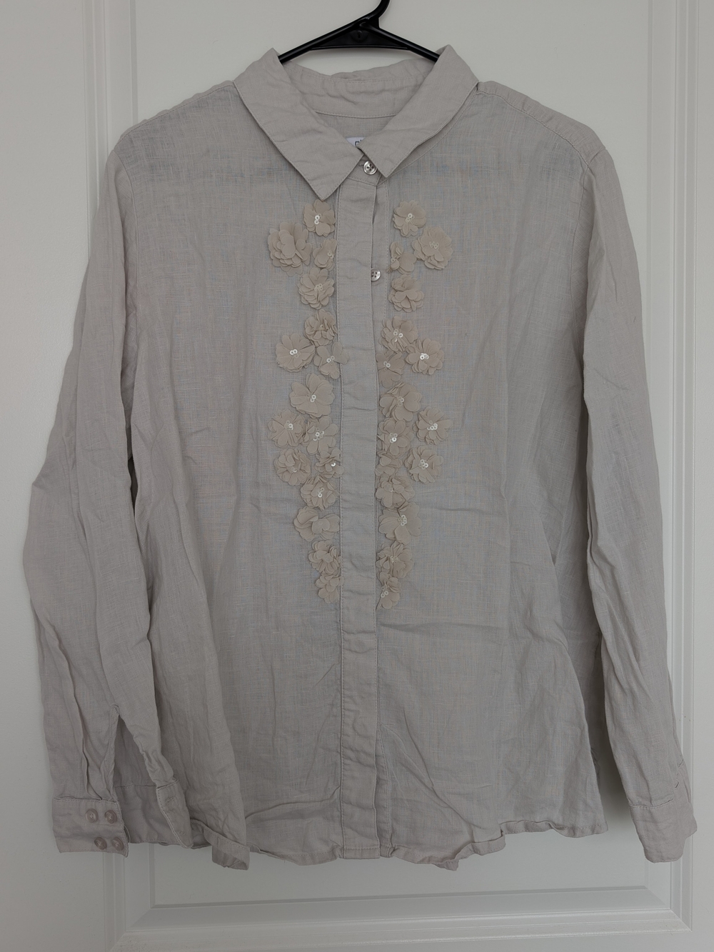 Chico's Beige Floral Appliqué Linen Button-Down Shirt